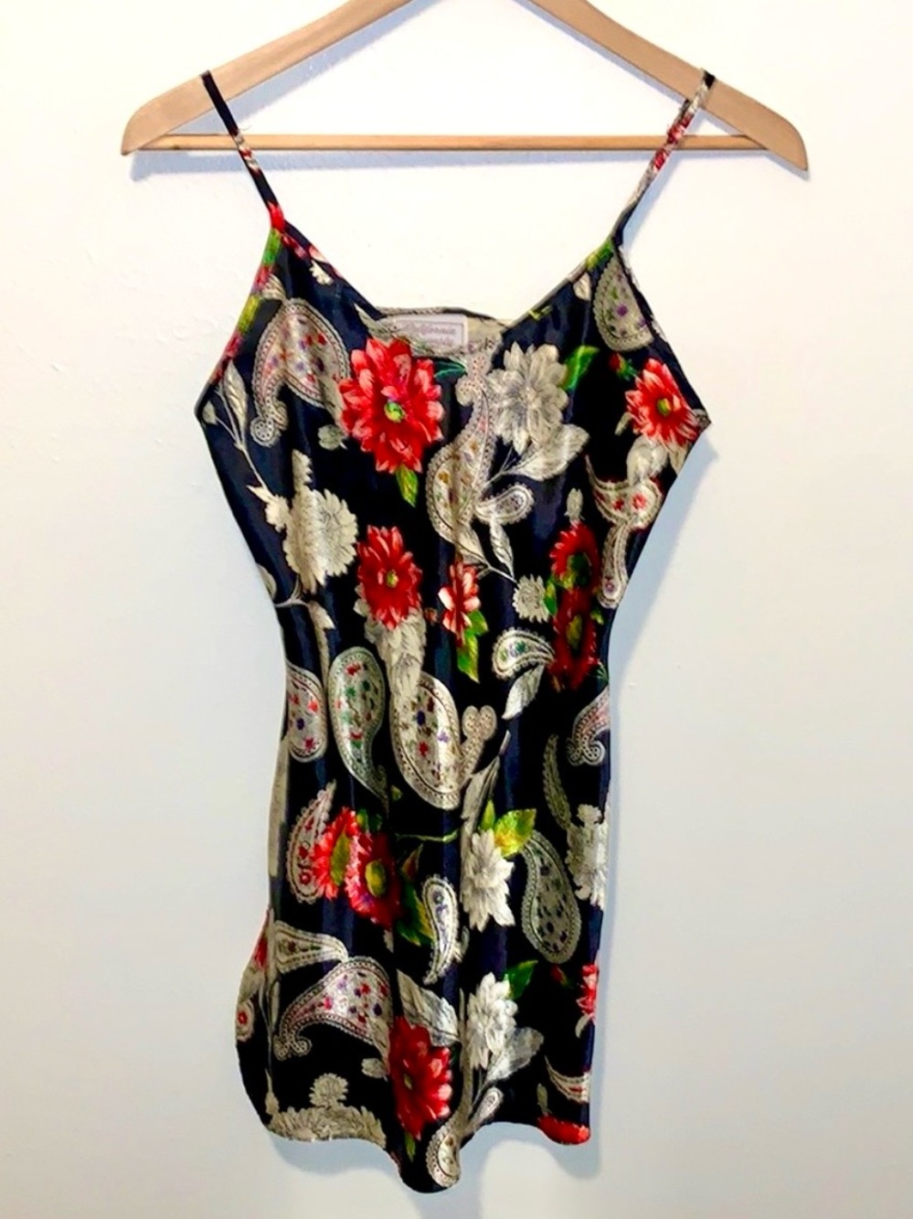 Vintage 80’s California Dynasty Satin Slip Nightie Paisley Floral Red Black S